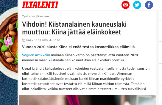 Kiina eläinkokeet kosmetiikka Ostolakossa.